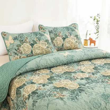 Meadow Butterfly Green Quilted Bedspread Set with Floral Details and Pillowcases