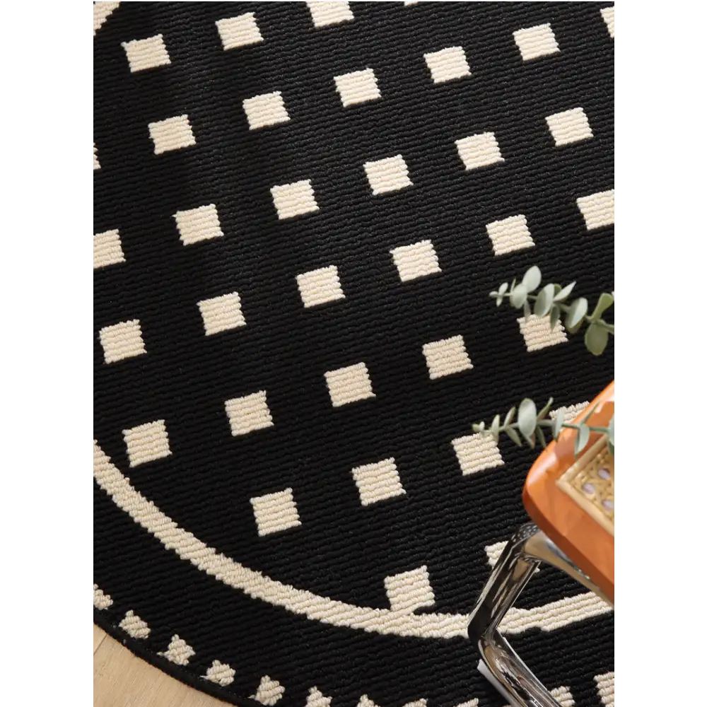 Meragh White Modern Round Area Rug with Geometric Black and Pattern