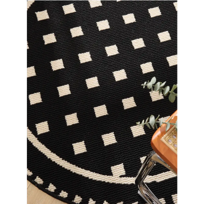 Meragh White Modern Round Area Rug with Geometric Black and Pattern