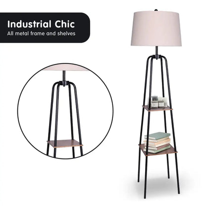 Metal Etagere Floor Lamp Shade Shelf in Wood Finish
