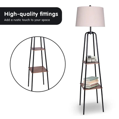Metal Etagere Floor Lamp Shade Shelf in Wood Finish
