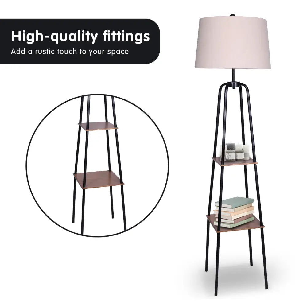 Metal Etagere Floor Lamp Shade Shelf in Wood Finish