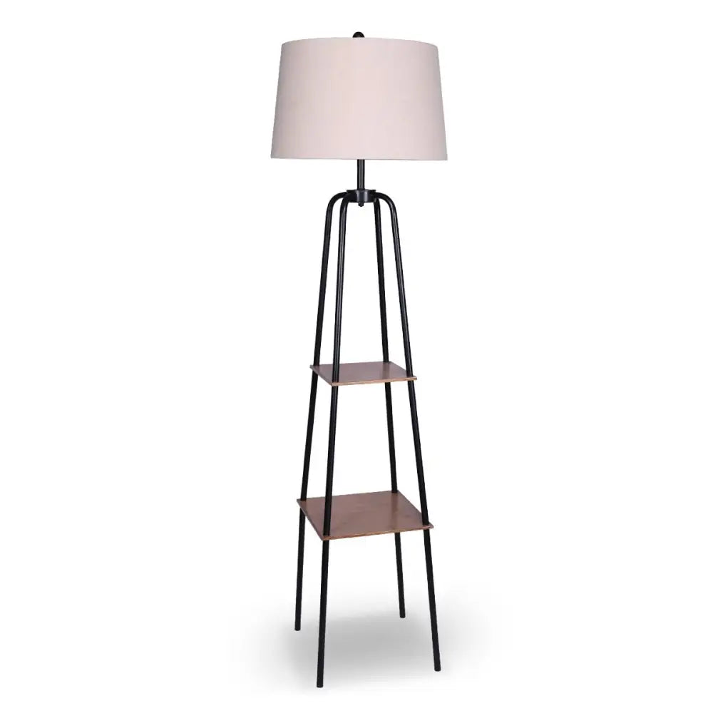 Metal Etagere Floor Lamp Shade Shelf in Wood Finish