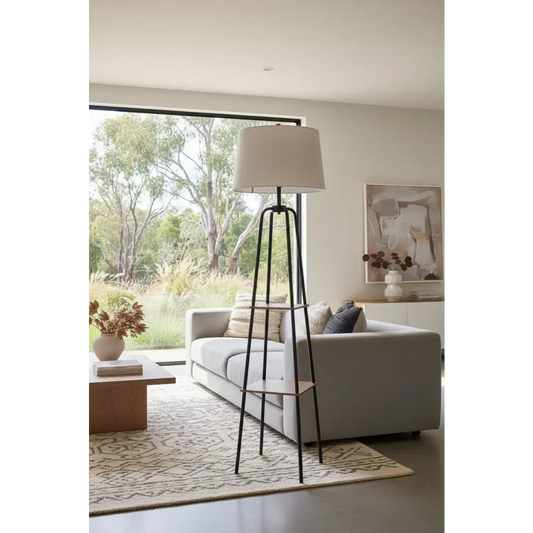 Metal Etagere Floor Lamp Shade Shelf in Wood Finish
