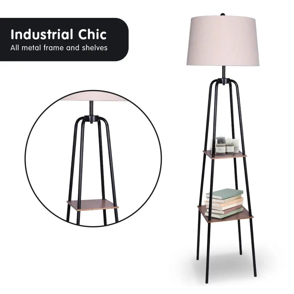 Metal Etagere Floor Lamp Shade Shelf in Wood Finish