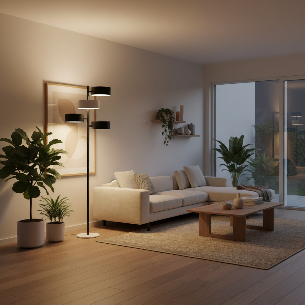 Modern living room with a beige sofa, coffee table, and decorative plants.