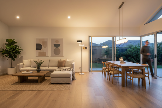 Modern living room with a dining area, large windows, and a person standing by the door.