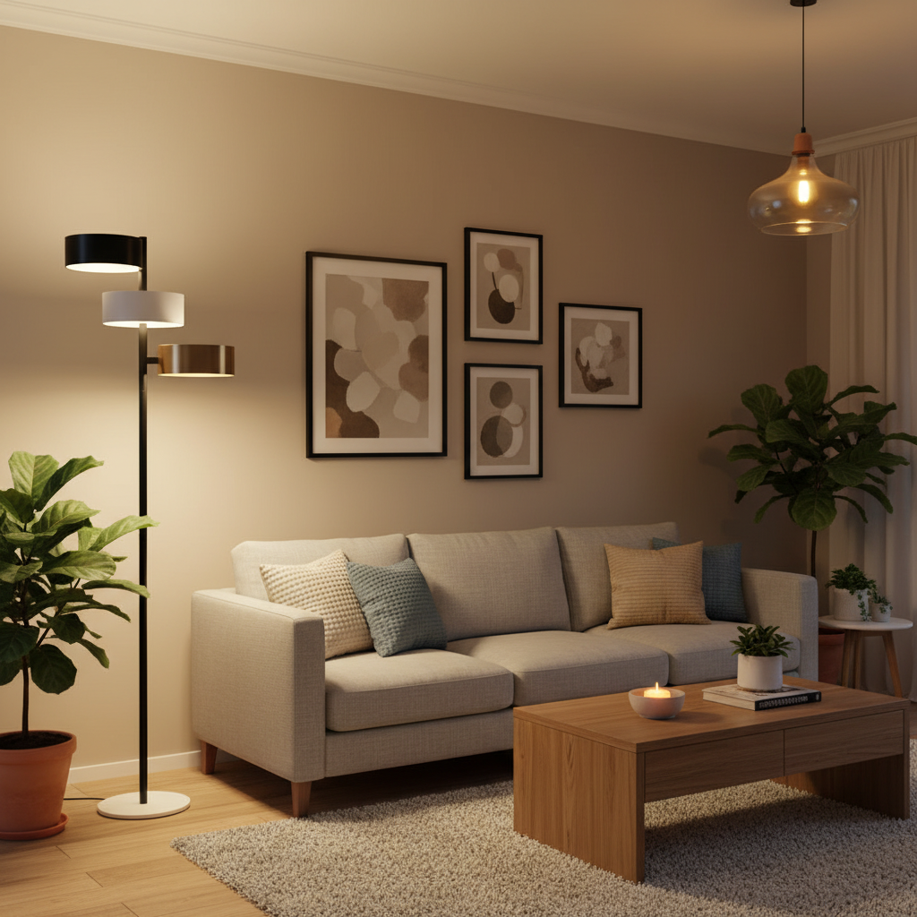 Modern living room with a gray sofa, wooden coffee table, and decorative wall art.