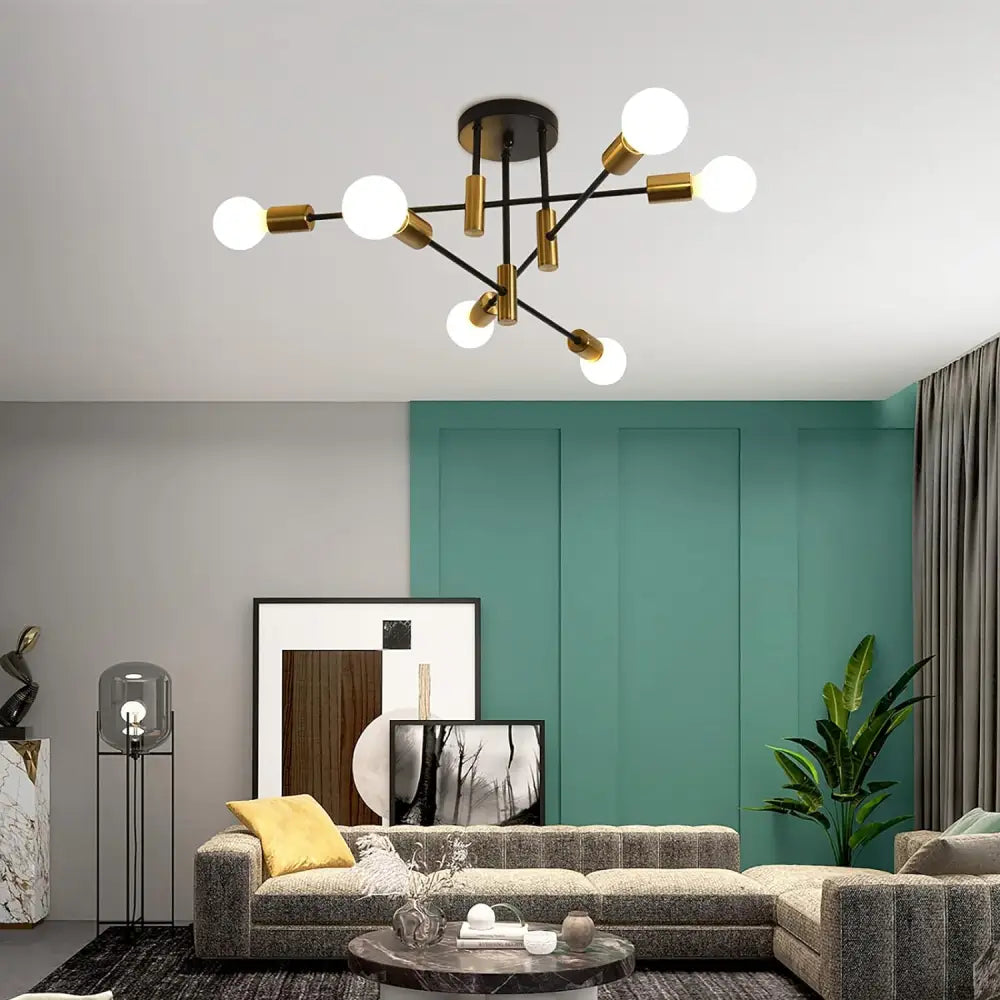 Mid Century Chandelier Modern 6-light Black & Gold