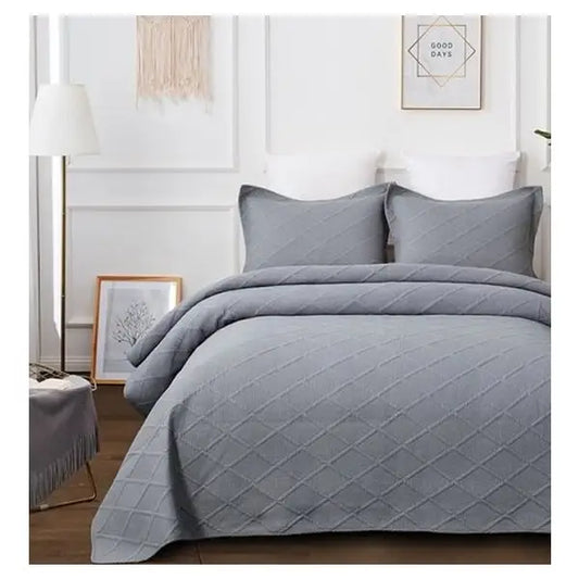 Misty Grey 100% Cotton Quilted 3 Pcs Bedspread Coverlet Set King