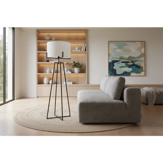 Modern Dimmable Floor Lamp W/ Linen Shade Designer Bedroom Lighting - Matte Black