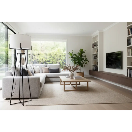 Modern Dimmable Floor Lamp W/ Linen Shade Designer Bedroom Lighting - Matte Black