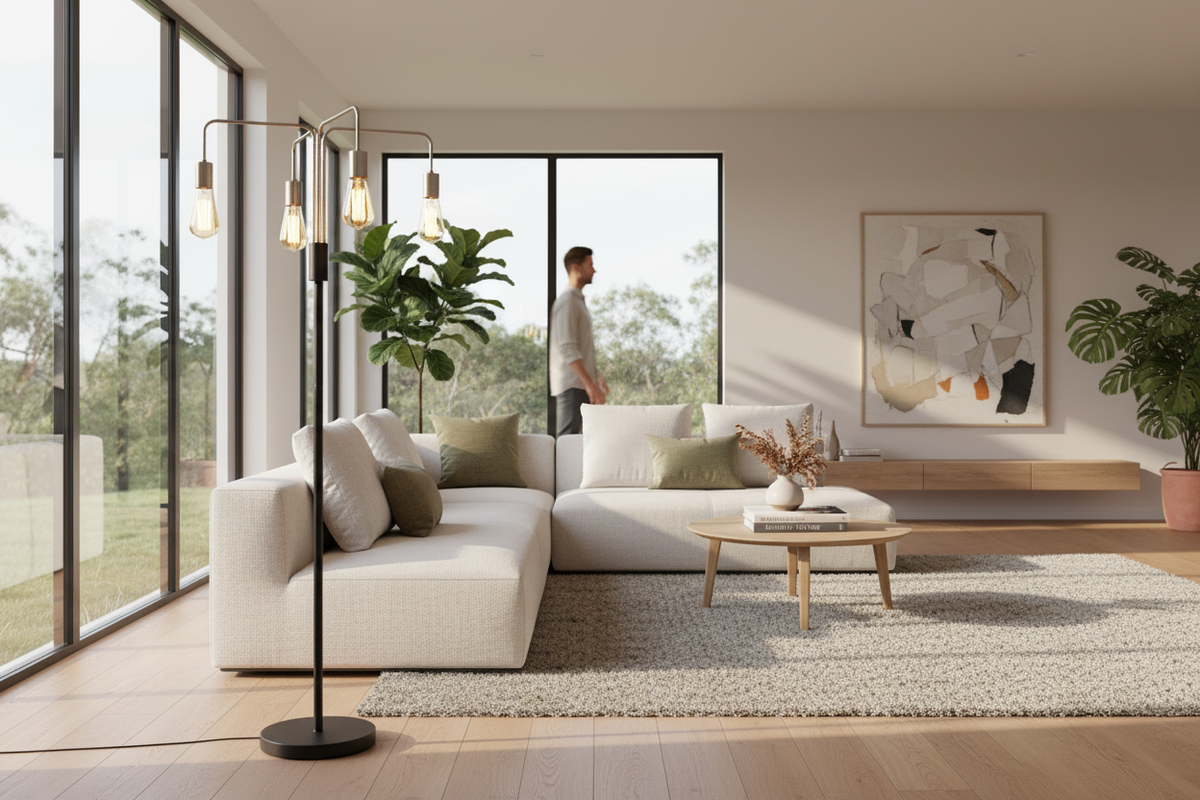 Modern living room with a white sofa, coffee table, floor lamp and decorative elements.