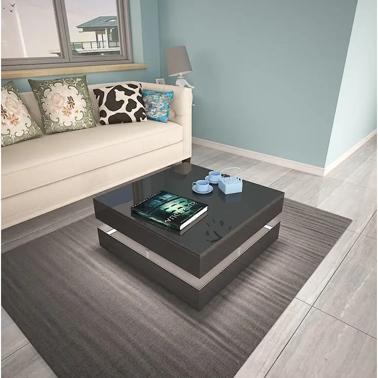Modern Large High Gloss Coffee Table with Led Lights Black