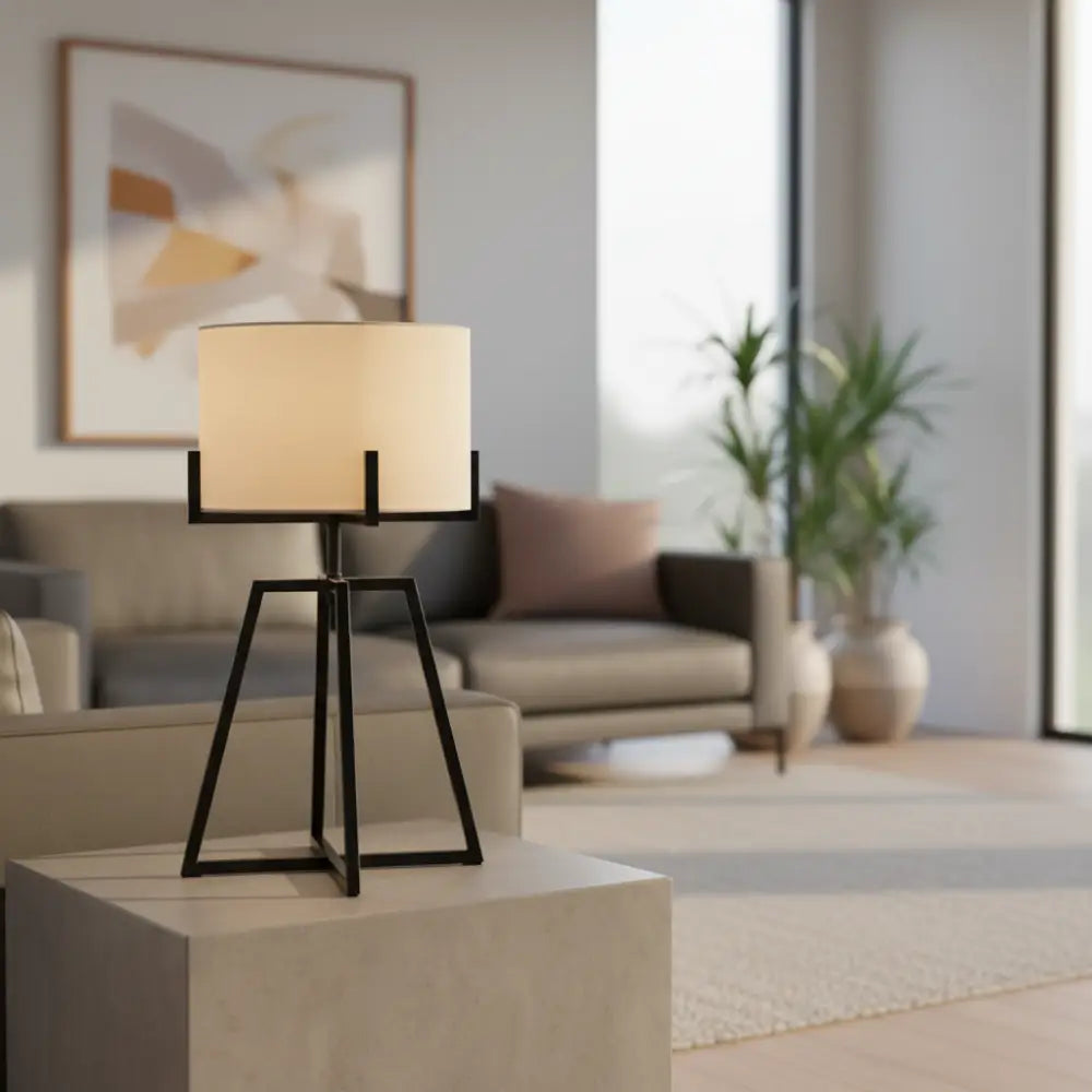 Modern Scandi Metal Dimmable Table Desk Lamp Light W/ Linen Shade - Matte Black