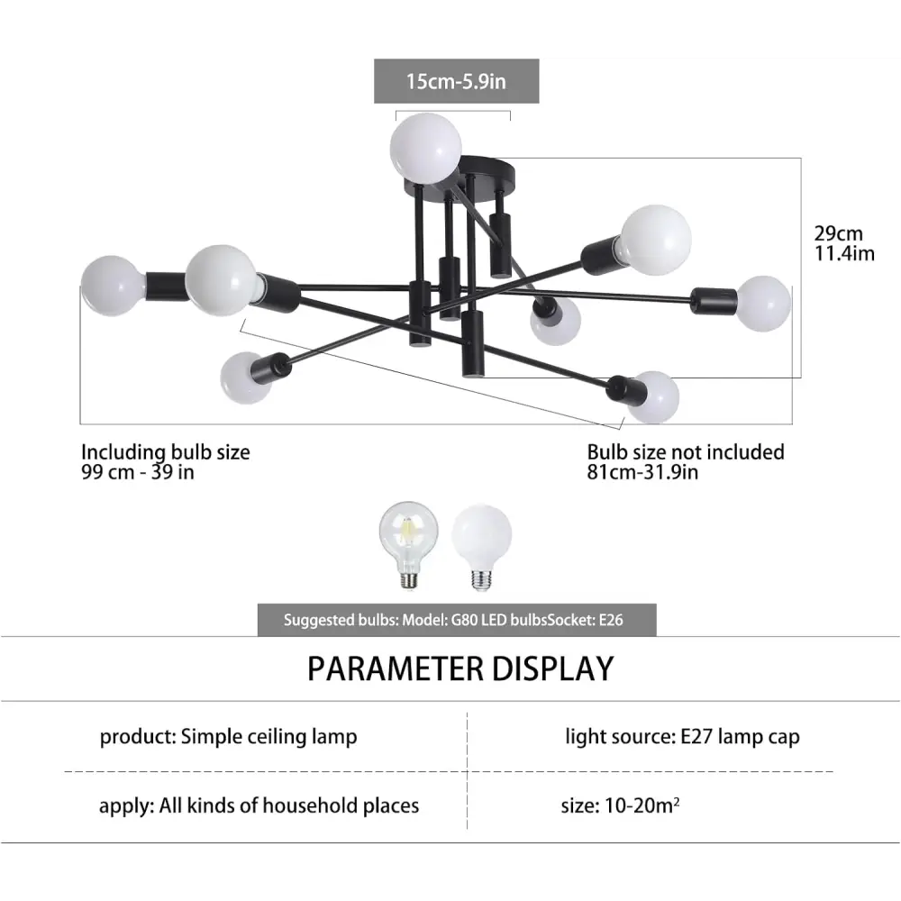 Modern Semi Flush Chandelier 8 Light Black
