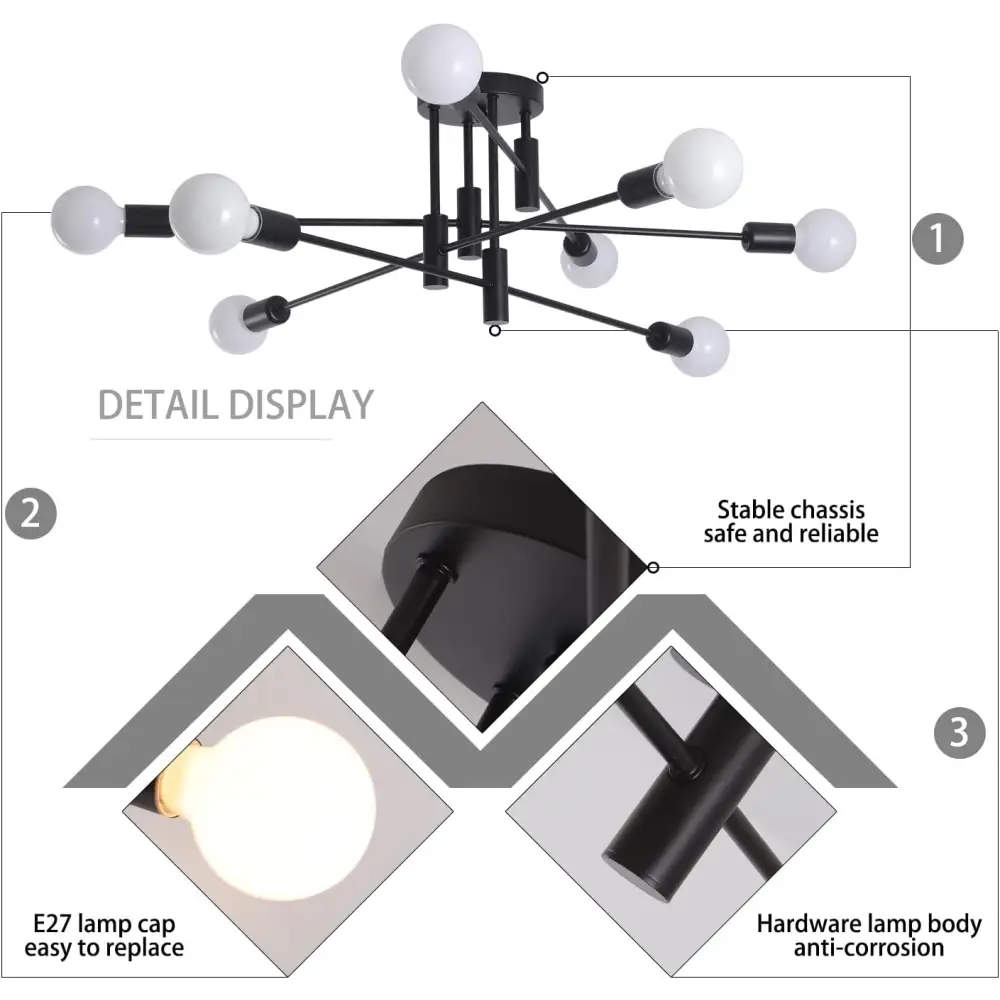 Modern Semi Flush Chandelier 8 Light Black