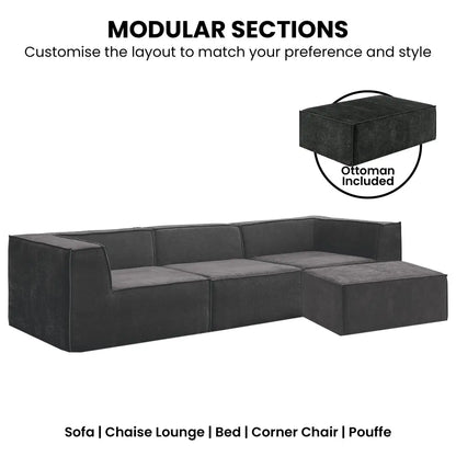 Novi 3-seater Modular Sofa with Ottoman in Black Non-slip Bottom Lounge