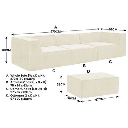 Novi 3-seater Modular Sofa with Ottoman in Cream Non-slip Bottom Lounge