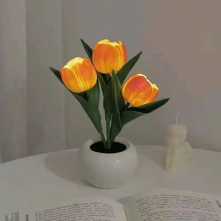 Orange Flowers Usb Tulip Night Light - Bedroom Decor Table Lamp with Pu & Ceramic Pot