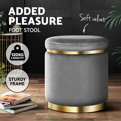 Ottoman Foot Stool Round Velvet Charcoal