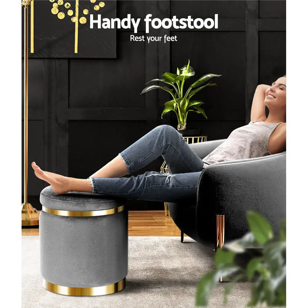 Ottoman Foot Stool Round Velvet Charcoal