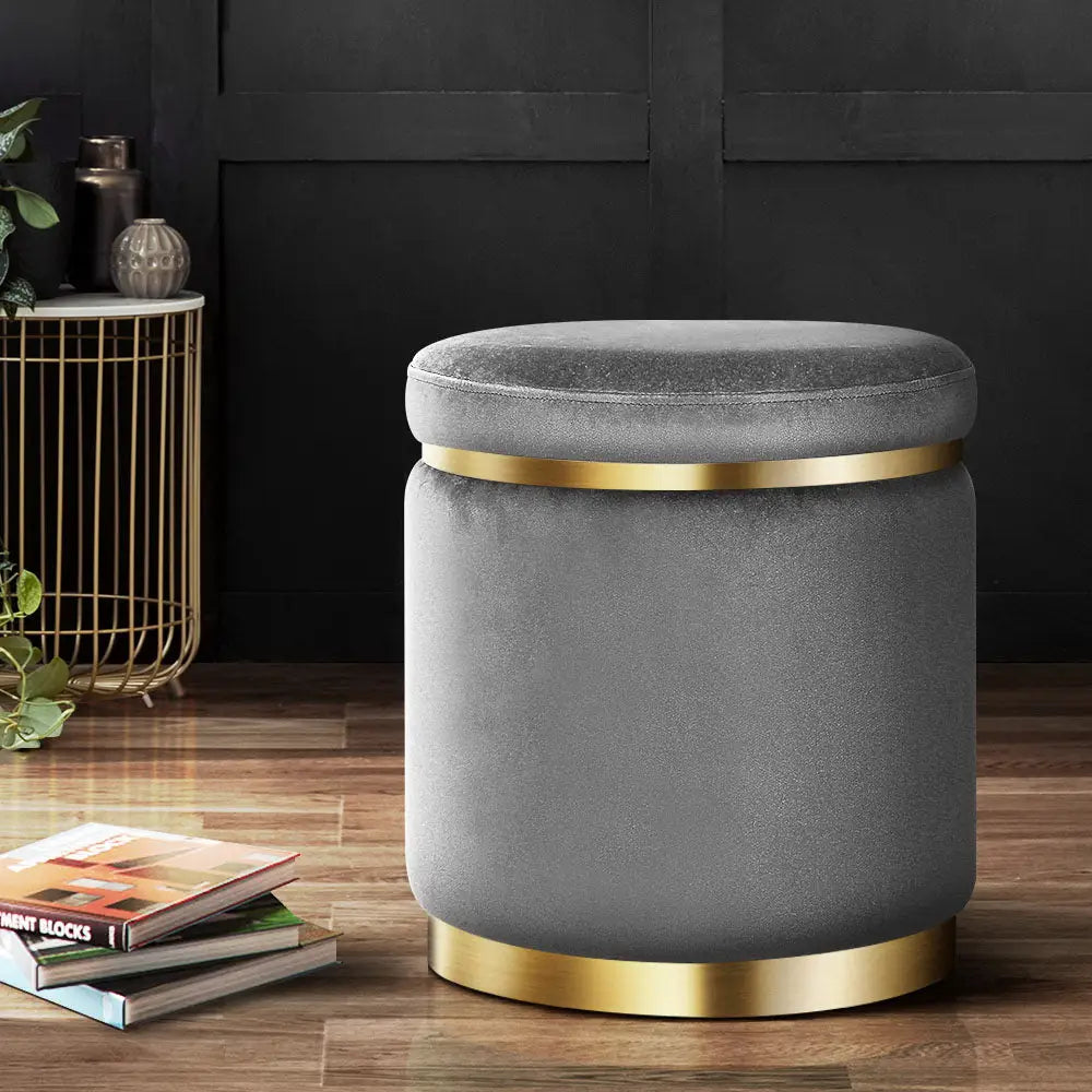 Ottoman Foot Stool Round Velvet Charcoal