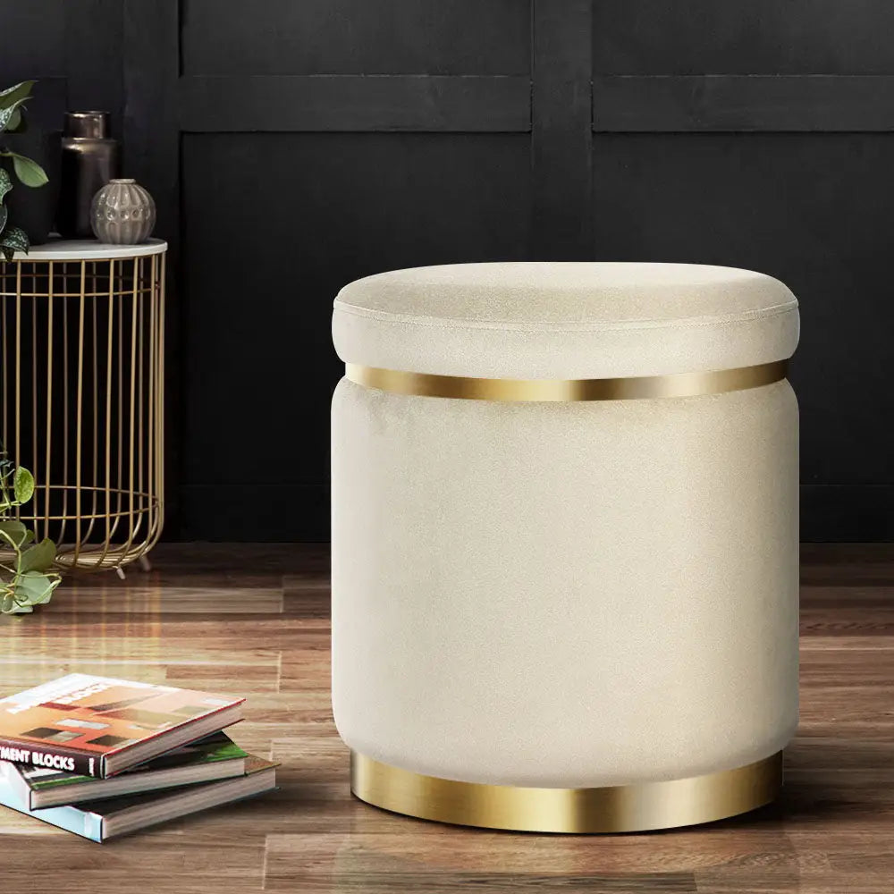 Ottoman Foot Stool Round Velvet Cream