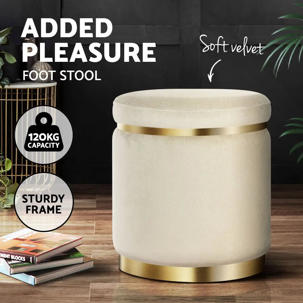 Ottoman Foot Stool Round Velvet Cream