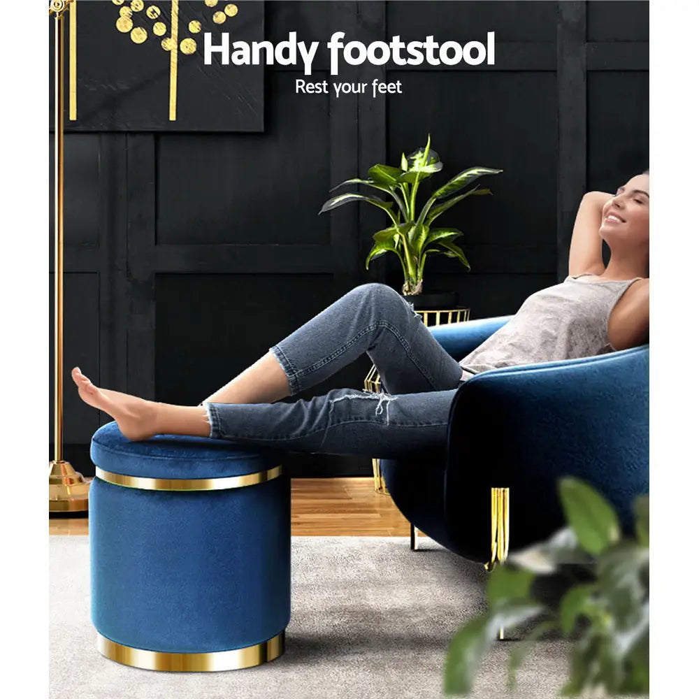 Ottoman Foot Stool Round Velvet Navy