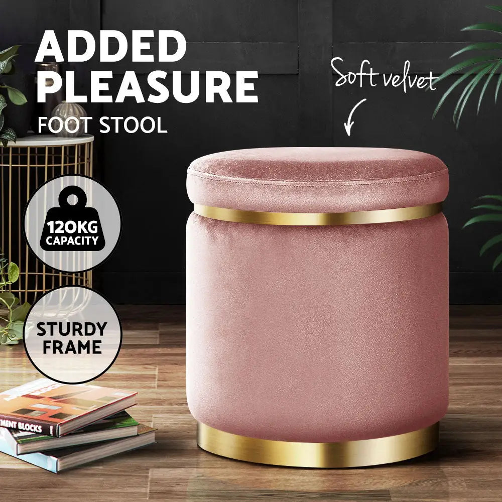 Ottoman Foot Stool Round Velvet Pink