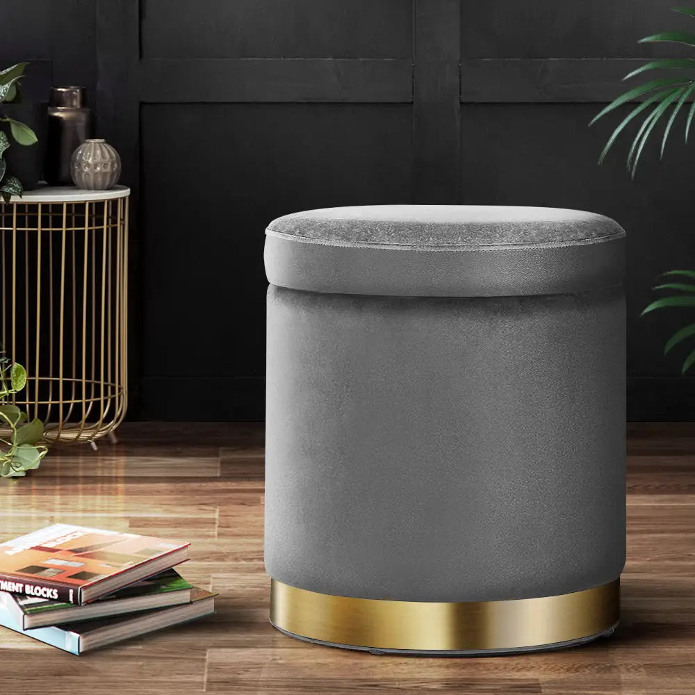Ottoman Storage Foot Stool Round Velvet Charcoal