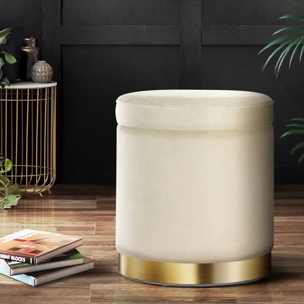 Ottoman Storage Foot Stool Round Velvet Cream