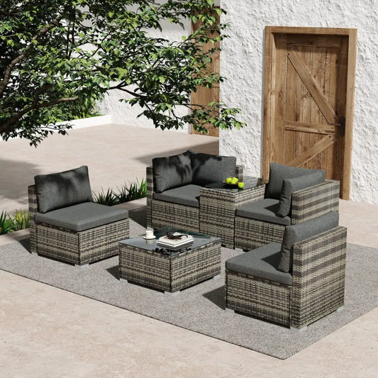 Outdoor Modular Lounge Sofa with Wicker End Table Set
