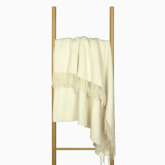 Oxford Throw - Merino Wool Blend - Ivory | Cream-colored Wool Throw Soft Fringed