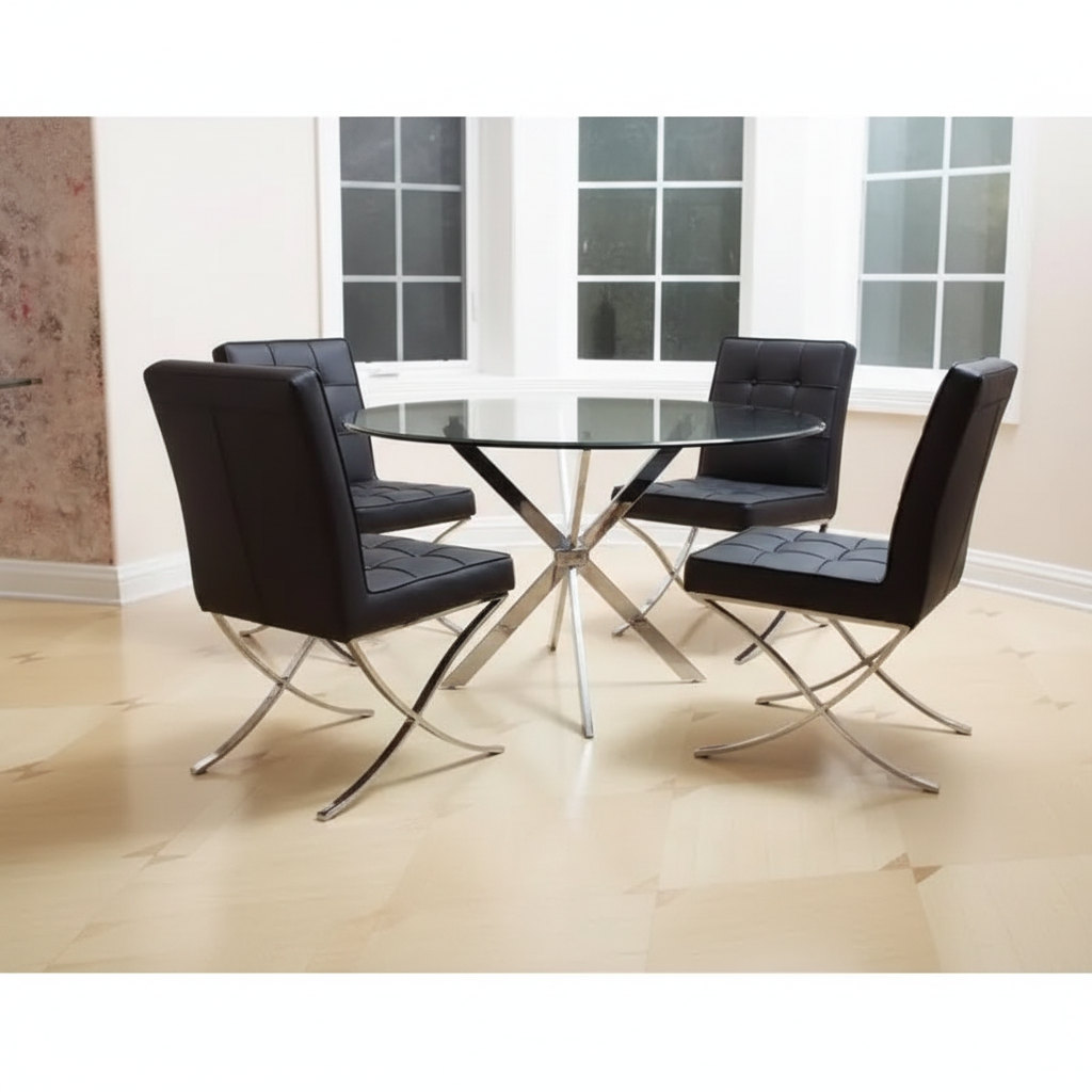 A modern 5-piece dining set featuring a round glass-top table with a chrome X-base and four black tufted leather chairs with chrome legs, shown in a bright dining room.