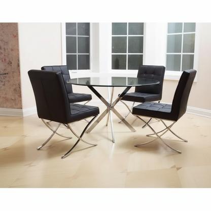 A modern 5-piece dining set featuring a round glass-top table with a chrome X-base and four black tufted leather chairs with chrome legs, shown in a bright dining room.