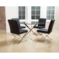 A modern 5-piece dining set featuring a round glass-top table with a chrome X-base and four black tufted leather chairs with chrome legs, shown in a bright dining room.