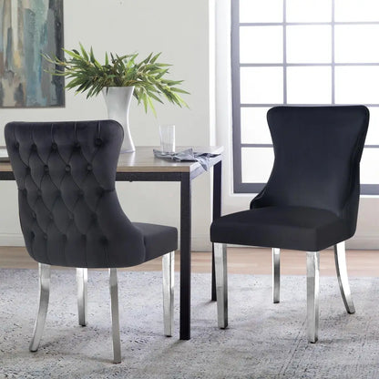 Paris Black Velvet & Silver Polished Steel Upholstered Dining Chairs Tufted Back - Set of 2