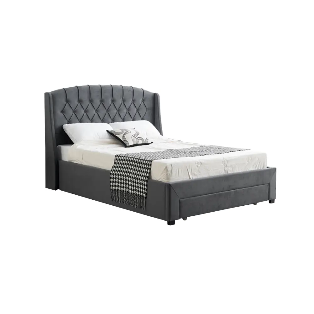 Paris Tall Tufted Velvet Dark Grey Bed with Storage Drawer - King