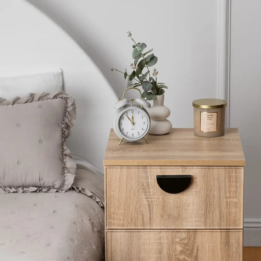 Porto Bedside Table - Natural Oak - Slim - Half Moon Black