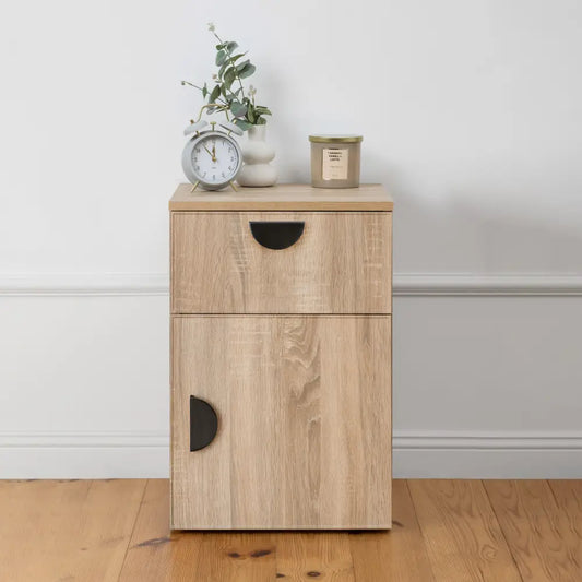 Porto Bedside Table - Natural Oak - Slim - Half Moon Black