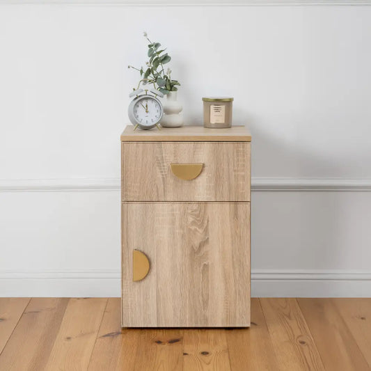 Porto Bedside Table - Natural Oak - Slim - Half Moon Brass