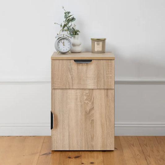 Porto Bedside Table - Natural Oak - Slim - Pull Black