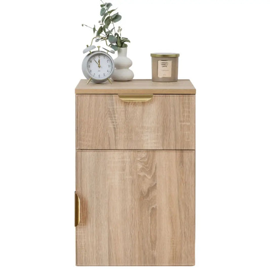 Porto Bedside Table - Natural Oak - Slim - Pull Brass