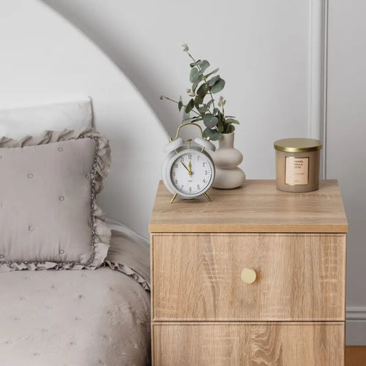 Porto Bedside Table - Natural Oak - Slim - Round Brass