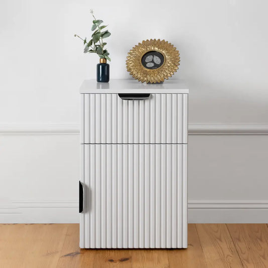 Porto Bedside Table - White - Fluted - Pull Black