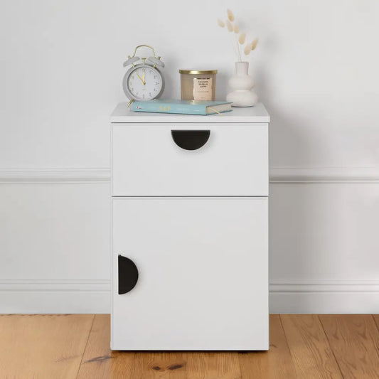 Porto Bedside Table - White - Slim - Half Moon Black