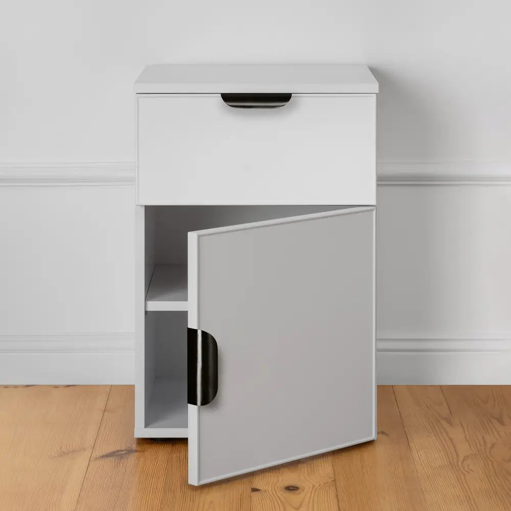Porto Bedside Table - White - Slim - Pull Black