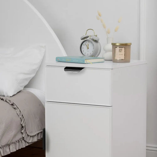 Porto Bedside Table - White - Slim - Pull Black